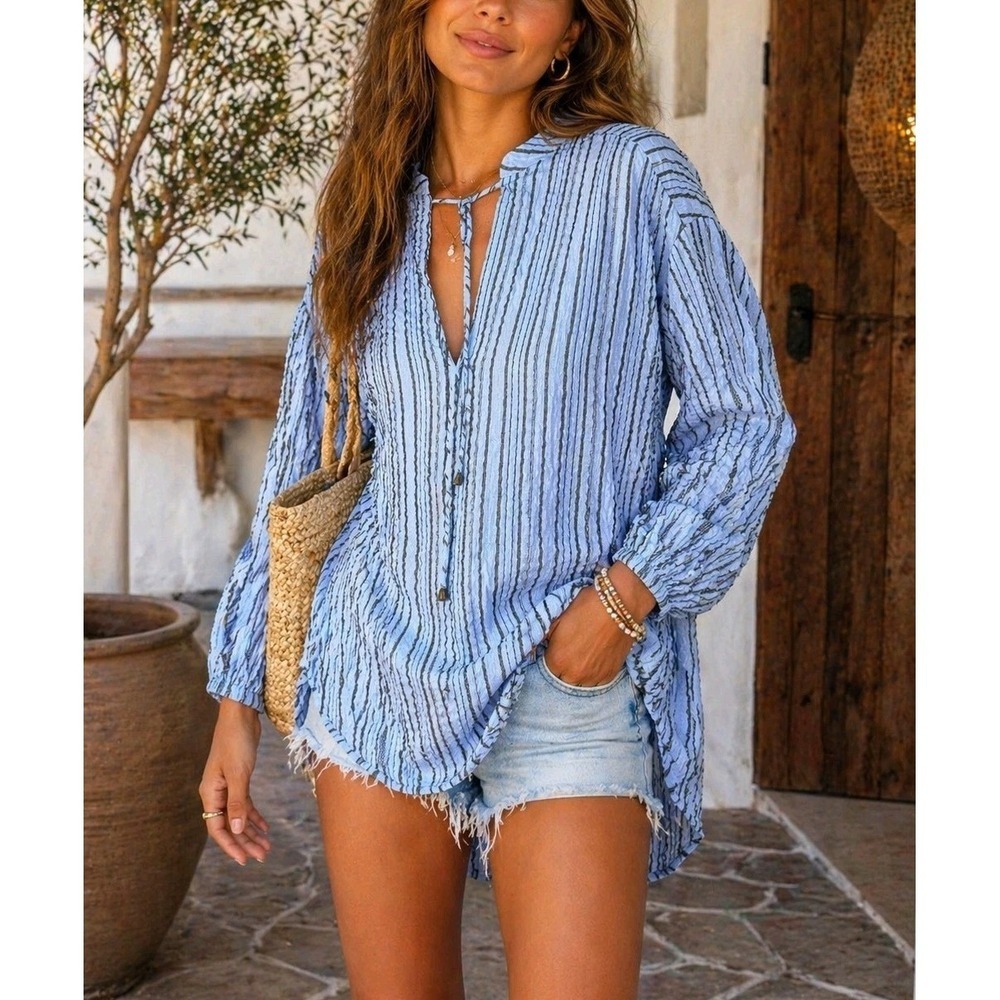 Free People Tunic Blouse Small Blue Striped Rayon Boho Hi Low Top